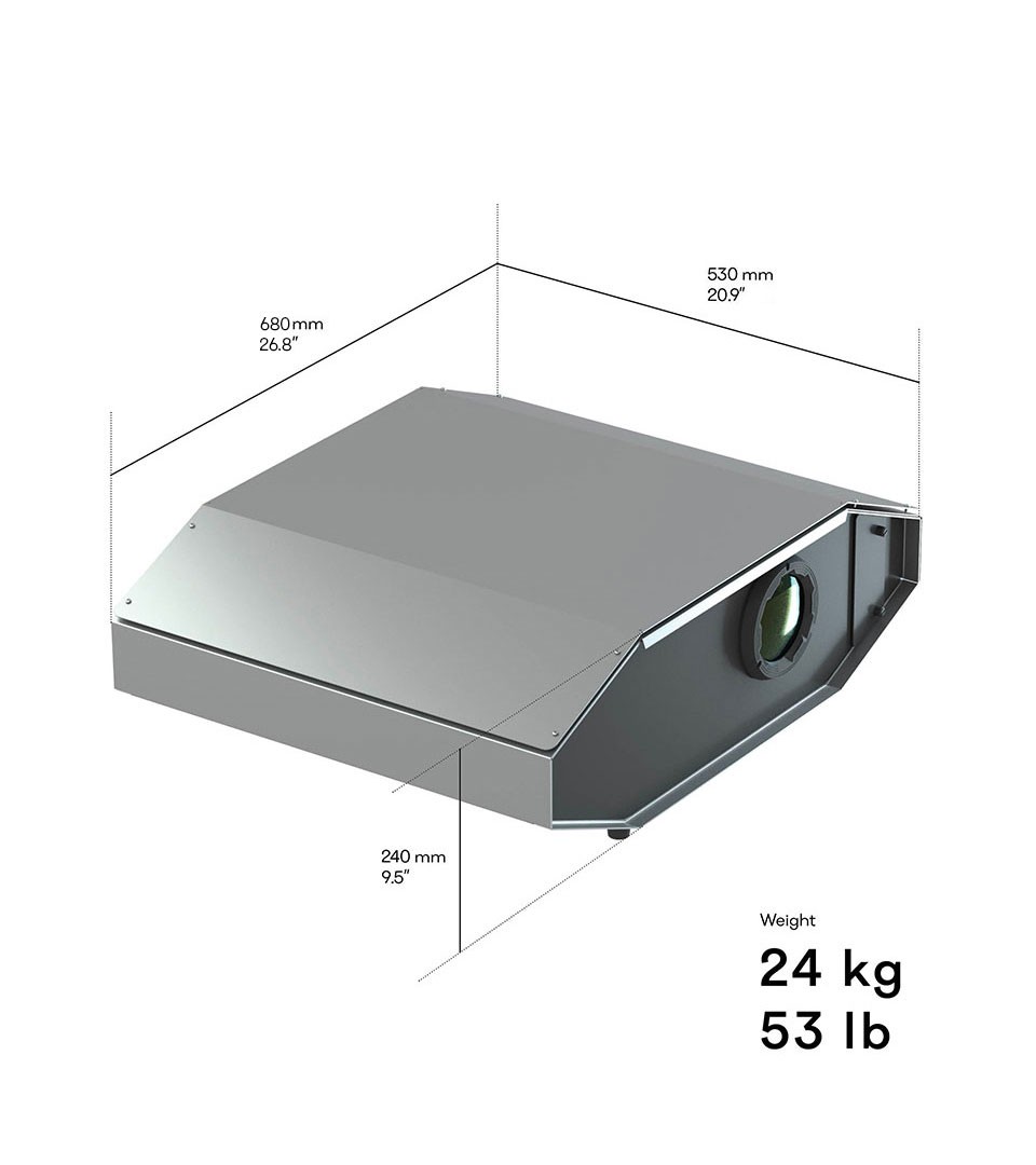 LAZR 4G projector - Dimensions: 530 x 675 x 240 mm. Weight: 24kg / 53lb