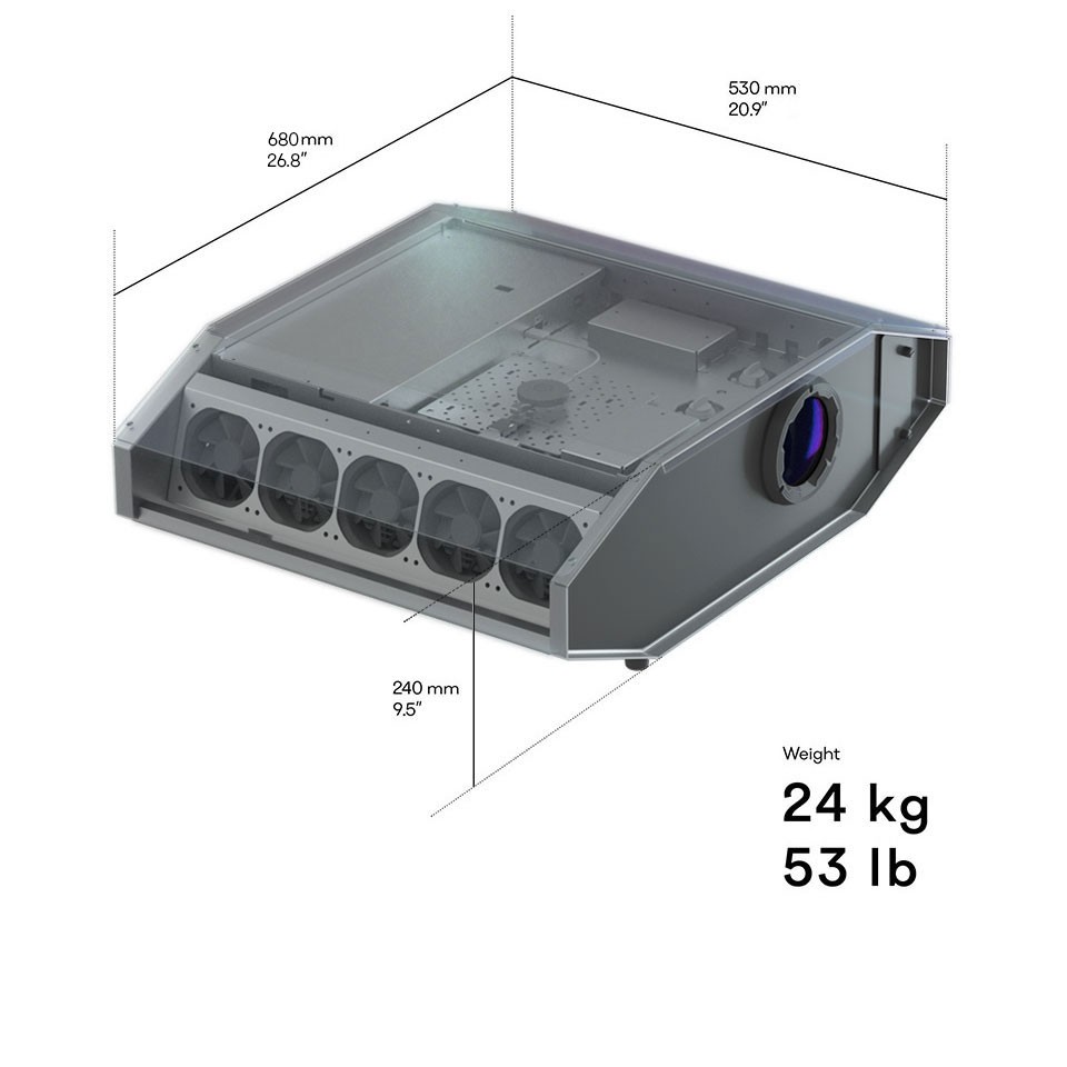 LAZR projector - Dimensions: 530 x 675 x 240 mm. Weight: 24kg / 53lb